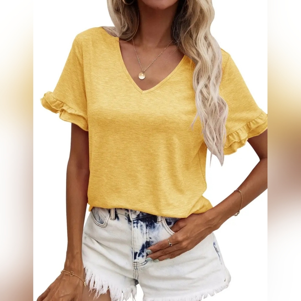 Women's Bright Yellow Double Ruffle Short Sleeve T-shirt Size XXL - Picture 10 of 10